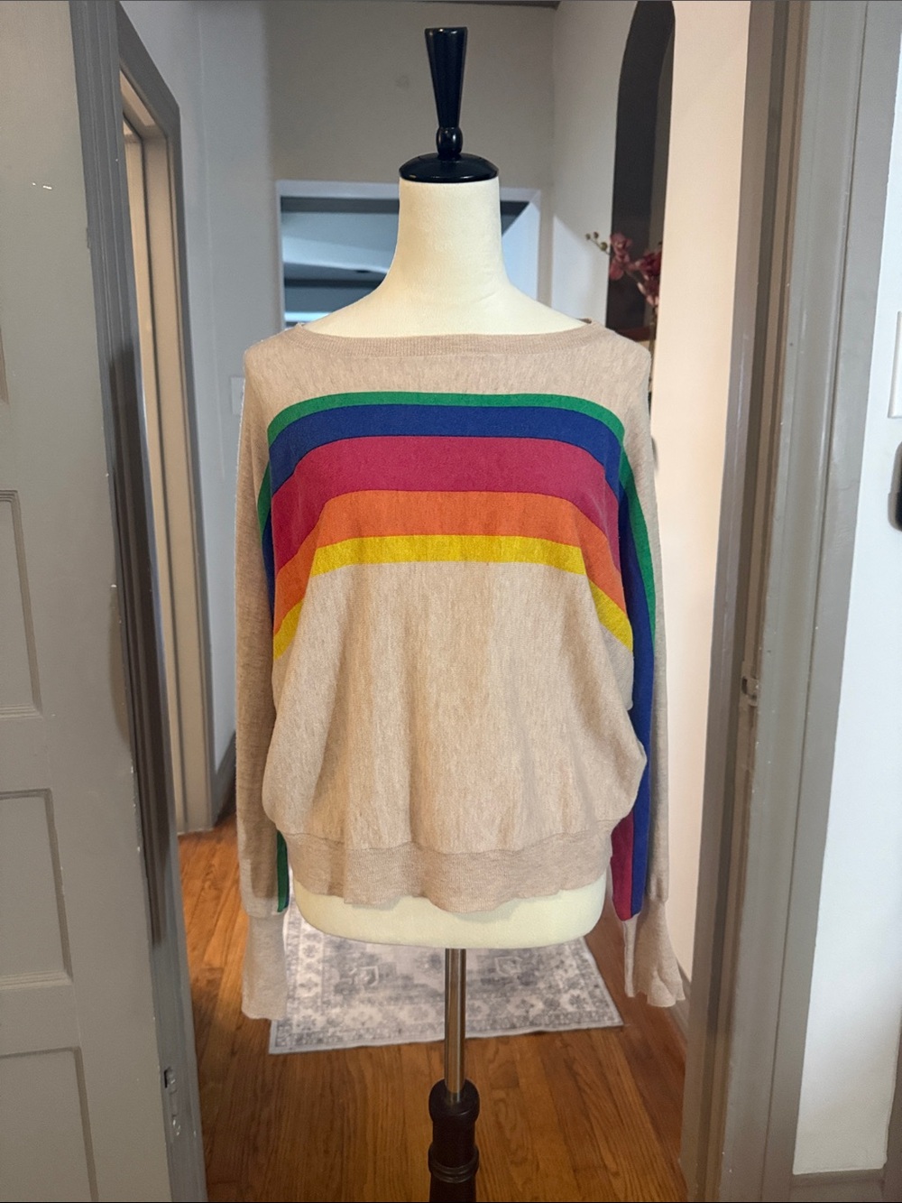 New Sundry Beige Sweater with Rainbow Stripes